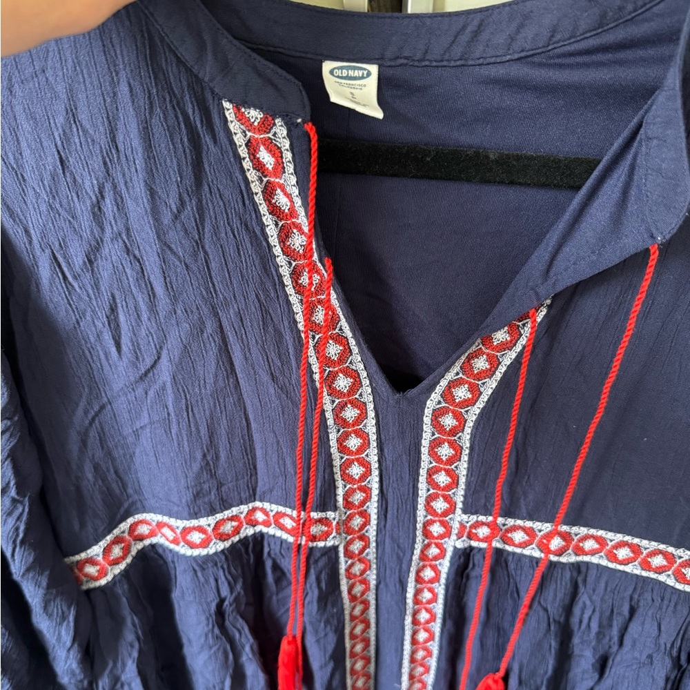 Old Navy | Bohemian Embroidered Swing Dress w/ Tassels, Navy and Red | Small - Picture 4 of 12
